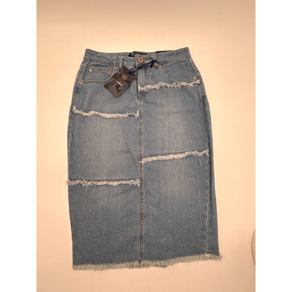 Boom Boom Jeans Light Blue Distressed Denim Midi Skirt